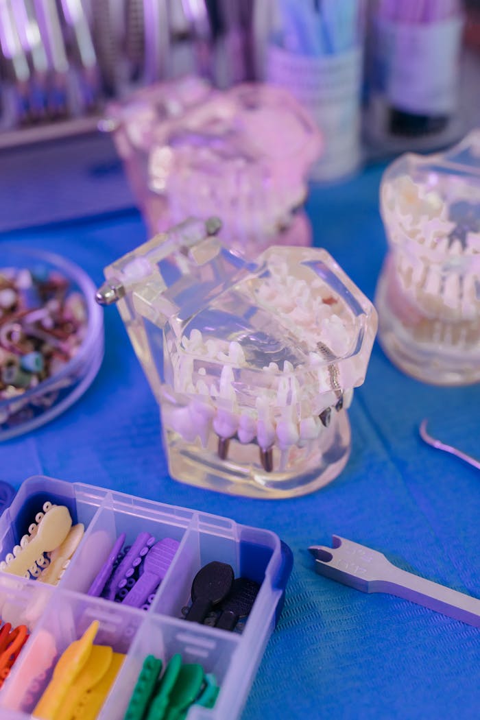 Close-up of dental models and tools on a blue sterile table, showcasing orthodontic equipment.